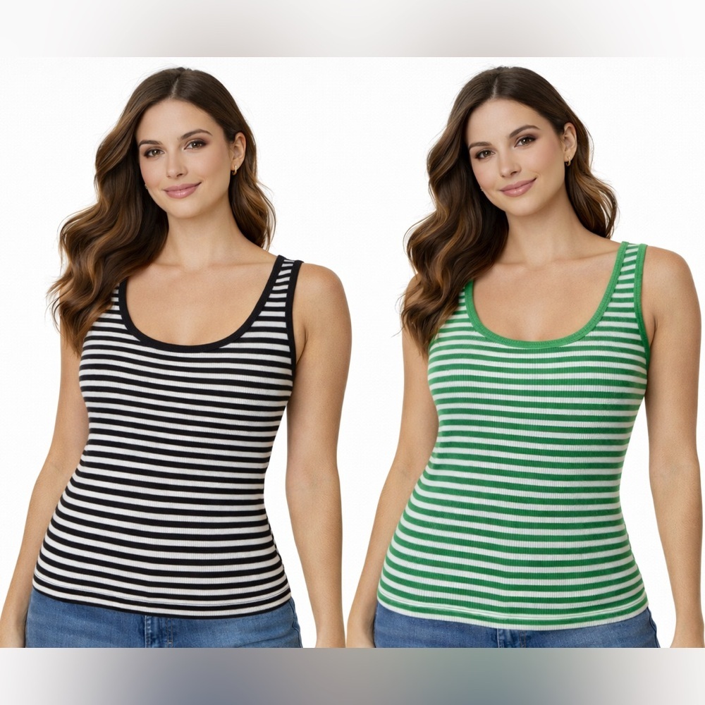 Set‎ 2 St Johns Bay Women's Tank Top Medium Wide Strap  Green/Black 100% Cotton